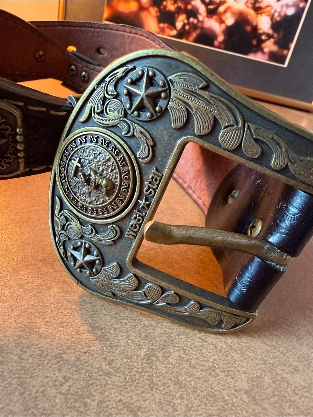 NWOT West Star Texas Western Brown Leather Belt with Ornate Antique Brass Buckle